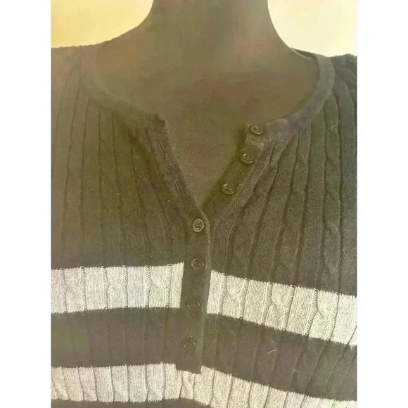 Kim Rogers Womens L Black Grey Stripe Henley Button Neck Long‎ Sleeve Sweater - Picture 2 of 11